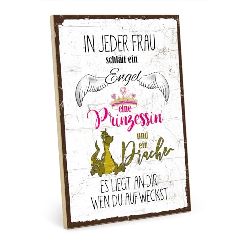 TypeStoff Holzschild mit Spruch – Frau – im Vintage-Look mit Zitat als Geschenk und Dekoration zum Thema Engel, Prinzessin und Drache - HS-00987 von TypeStoff