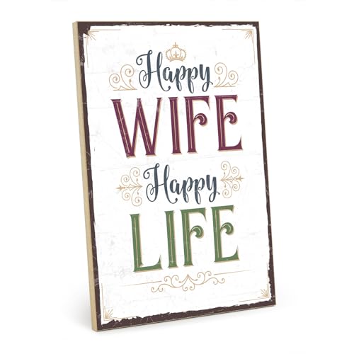 TypeStoff Holzschild mit Spruch – HAPPY WIFE, HAPPY LIFE – im Vintage-Look mit Zitat als Geschenk und Dekoration - HS-00576 von TypeStoff