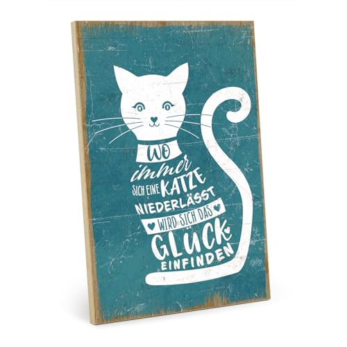 TypeStoff Holzschild mit Spruch – Katze – im Vintage-Look mit Zitat als Geschenk und Dekoration zum Thema Tierfreunde und Glück - HS-01018 von TypeStoff