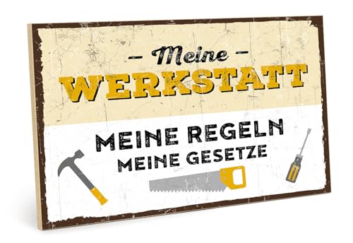 TypeStoff Holzschild mit Spruch – MEINE WERKSTATT, MEINE REGELN, MEINE GESETZE – im Vintage-Look mit Zitat als Geschenk und Dekoration zum Thema Heimwerken, Garage und Hobby - HS-00236 von TypeStoff