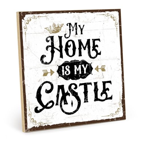 TypeStoff Holzschild mit Spruch – MY HOME IS MY CASTLE – shabby chic retro vintage nostalgie deko Typografie-Grafik-Bild bunt im used-look aus MDF-Holz - HS-00310 von TypeStoff