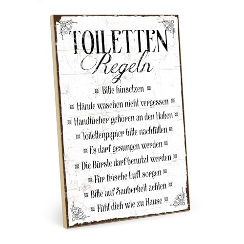 TypeStoff Holzschild mit Spruch – TOILETTEN-REGELN – im Vintage-Look mit Zitat als Geschenk und Dekoration zum Thema Toilette, Klo, Pipibox - HS-00200 von TypeStoff