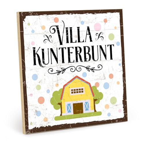 TypeStoff Holzschild mit Spruch – VILLA KUNTERBUNT – im Vintage-Look mit Zitat als Geschenk und Dekoration - HS-00498 von TypeStoff
