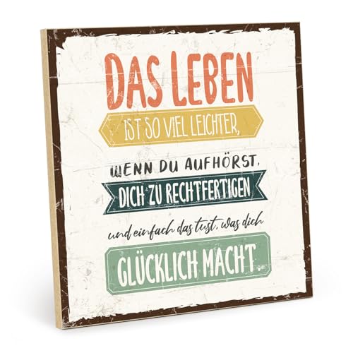 TypeStoff Holzschild mit Spruch – glücklich – im Vintage-Look mit Zitat als Geschenk und Dekoration zum Thema Glück und Leben - HS-00738 von TypeStoff