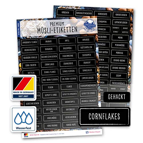 105 Müsli Aufkleber - eckig - schwarz/weiß - Haushaltsetiketten zum Beschriften von Vorratsdosen, Vorratsgläser, Dosen und Schütten von Typographus