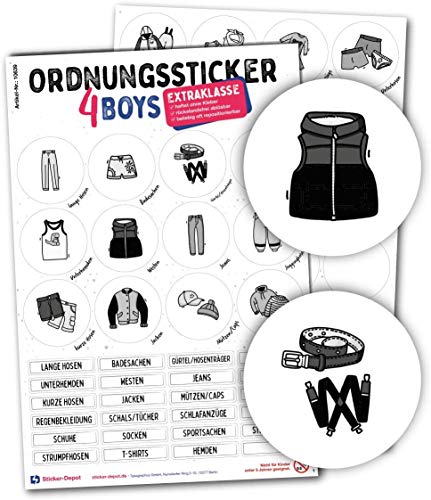 Typographus - 68 kindgerechte Aufkleber für Kleidung - Für Kleiderschränke, Boxen & Möbel - Sorgen für Ordnung im Kinderzimmer | Jungs | Ordnungssticker, Aufbewahrung, Ordnungssystem grau von Typographus