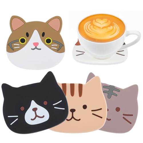 Tyqour 4 Stück Silikon Katze Untersetzer, Dekorative Glasuntersetzer Tischuntersetzer rutschfest Hitzebeständige Glas-Untersetzer für Tisch Schreibtisch Büro Getränke Möbelschutz Küche von Tyqour