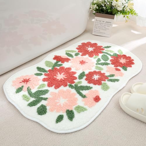 Tyrafry Saugfähige Badematte, extra dicker Badezimmerteppich, rutschfeste, weiche Plüschmatte für Badezimmer und Schlafzimmer, maschinenwaschbar, rosa Blumen, 40 x 60 cm Tyrafry Saugfähige Badematte, extra dicker Badezimmerteppich, rutschfeste, weiche Plüschmatte für Badezimmer und Schlafzimmer, maschinenwaschbar, rosa Blumen, 40 x 60 cm von Tyrafry