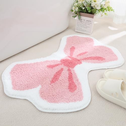 Tyrafry Saugfähige Badematte, extra dicker Badezimmerteppich, rutschfeste, weiche Plüschmatte für Badezimmer und Schlafzimmer, maschinenwaschbar, rosa Kirschschmetterling, 50 x 80 cm von Tyrafry