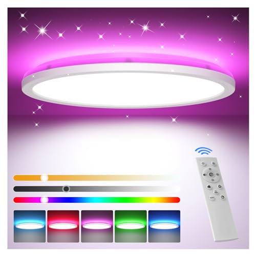 Tyreses LED Deckenleuchte Dimmbar mit Fernbedienung, 24W RGB Farbwechsel LED Deckenlampe, Rund Deckenbeleuchtung 3000K-6500K für Schlafzimmer, Wohnzimmer, Badezimmer, Kinderzimmer, Ø30CM von Tyreses