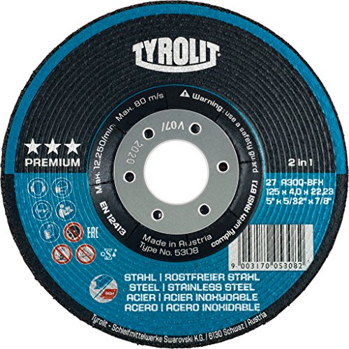 Tyrolit 908227 Rondeller, Premium, Durchmesser 125 mm, A36-BF, Stahl/Inox/Alu/Guss (10-er Pack) von Tyrolit