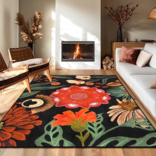 Tyrot Schwarzer Boho-Teppich mit Blumenmuster, 6 x 0,9 m, C2 von Tyrot