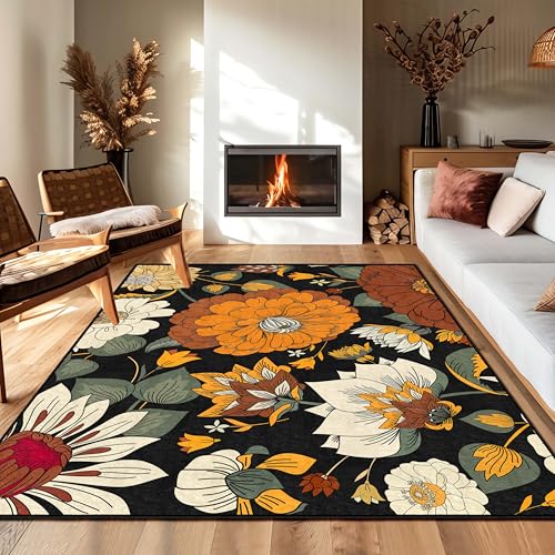 Tyrot Schwarzer Boho-Teppich mit Blumenmuster, 60 x 91 cm von Tyrot