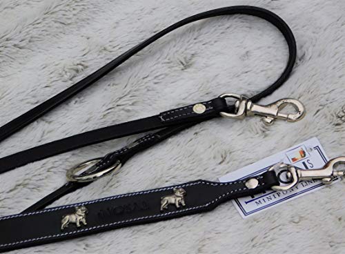 Bulli Lederleine Schwarz o Braun Gold -Silberfaben Deko Hund 2,07 Meter verstellbar Leder fest genäht + hohe Zugkraft (L, Schwarz) von Tysons Breeches