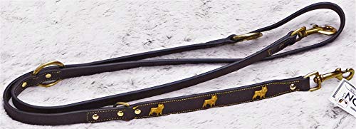 Bulli Lederleine Schwarz o Braun Gold -Silberfaben Deko Hund 2,07 Meter verstellbar Leder fest genäht + hohe Zugkraft (M, Braun) von Tysons Breeches