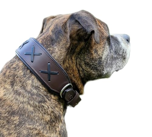 Hundehalsband Zierstick Breit Schwarz Braun Kreuz Schutzlasche Halsband Hund Leder Lederhalsband große, mittlere Rassen Hohe Zugkraftt (L, Braun/Schwarz) von Tysons Breeches