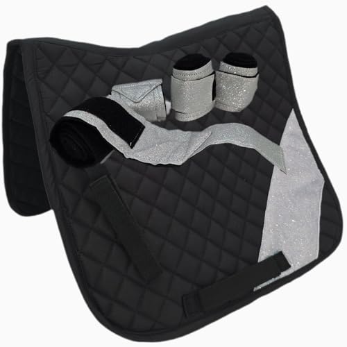Tysons Breeches Glitzer Schabracke mit Bandagen Set Rosa Rot Hellblau Lila Braun Schwarz Glitzerschabracke Glitzerbandagen Minishetty Shetty Welsh Setpreis (Schwarz/Silber, Shetty) von Tysons Breeches