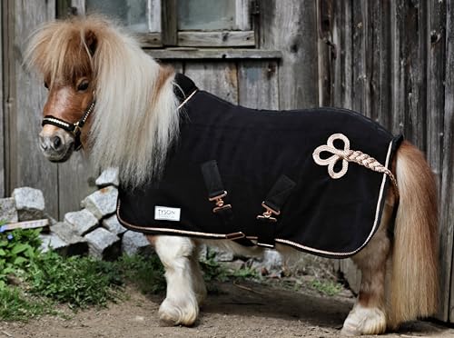 Zaraa Abschwitzdecke Paradedecke mit Kragen Anti Pilling Fleece Schwarz Silber- oder Goldfarben, Rosegold Minishetty Shetty Welsh Pony 70 80 90 100 110 (Schwarz/Rosegold-Goldfarben, 110) von Tysons Breeches