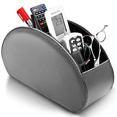 Tyuodna Desktop Fernbedienung Halter, Multifunktions PU Leder Fernbedienung Organizer Halter 5 Fächer Medien Lagerung Organizer für Zuhause und Büro (Grau) von Tyuodna