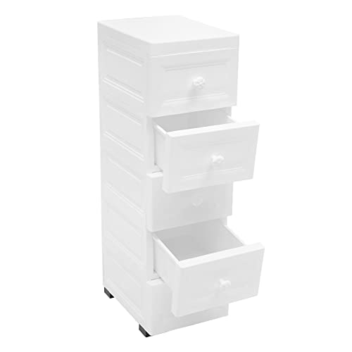 Tyvotrend Kommode mit 5 Schubladen, Kunststoff-Schubladenbox mit Rollen, Komodenschrank Aufbewahrungsschrank mit Griffe zum Ziehen, für Wohnzimmer, Büro, Weiß, 25x34x82cm von Tyvotrend