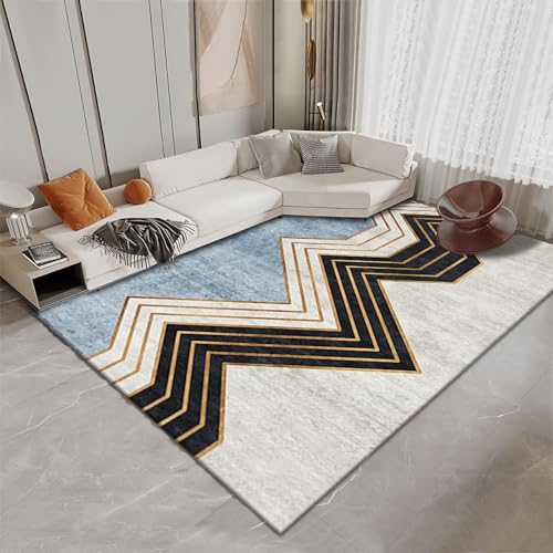 Couchtisch deko Teppich Blau Gelb Grau Abstrakte Geometrie Streifen Design abwaschbarer für Kinder Zimmer mädchen 120x160cm von Tzvpsu