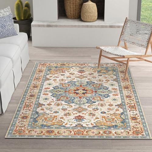 Deko für Balkon Blau Gelb Retro Geometrie Blumen Muster Teppich abwaschbar wohnzimmercouch 140x200cm Deko für Balkon Blau Gelb Retro Geometrie Blumen Muster Teppich abwaschbar wohnzimmercouch 140x200cm von Tzvpsu