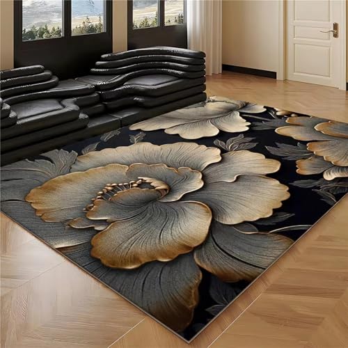 Deko mädchenzimmer Teenager Schwarz Gelb Retro Blumen Muster Wohnzimmer Teppich modern Zimmer 100x160cm von Tzvpsu
