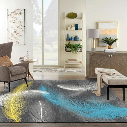 Küchen deko Blau Gelb Grau Federmuster Moderner Teppich Flur rutschfest Wohnzimmer Couch teppiche 140x200cm von Tzvpsu