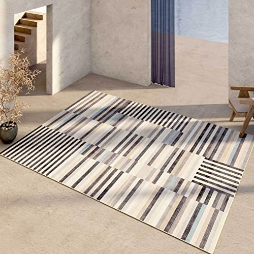 Mädchenzimmer deko Blau Gelb Grau Geometrische Streifen Design für Balkon Anti Teppich rutsch 160x230cm von Tzvpsu
