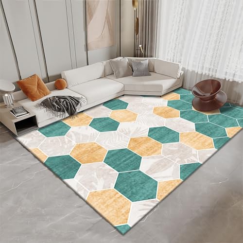 Sitzecke Wohnzimmer Teppich Blau gelb geometrisch Blätter Muster Balkon esstisch wohnaccessoires deko 140x200cm von Tzvpsu