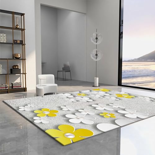 Teppich antirutsch Teppich treppe,Rutschfester waschbarer grau-gelber Teppich mit Blumenmuster,tepichlaüfer modern Wohnzimmer teppichläufer küche 120x160cm von Tzvpsu