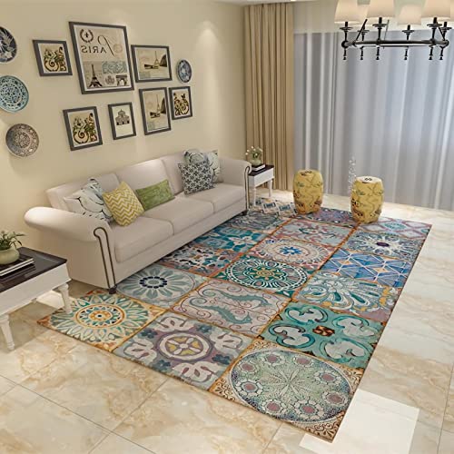 Teppich rutschstopp Blaue Gelb Grau Geometrie Gitter Blumen Muster staubsauger Kinder Jungen 140x200cm von Tzvpsu