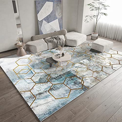 Tzvpsu Wohnzimmer Dekoration Blau Grau Moderne Tinte Stil Graffiti Geometrische Mehreck Muster esstisch deko zimmerdeko 160x200cm von Tzvpsu