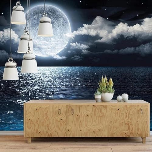 Ästhetisch Dreidimensional Sternenhimmel Mond Meer Moderne 3D Tapete Hochwertige Strukturierte Seide Neutrale Material Ideal Für Wohnzimmer Schlafzimmer-400cm×280cm von Tzxztt