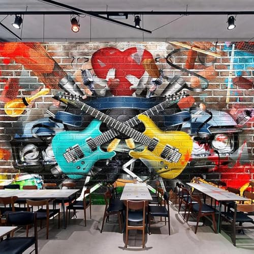 Abstrakt Graffiti Gitarre Backsteinmauer Kunst Moderne 3D Tapete Hochwertige Strukturierte Seide Neutrale Material Ideal Für Wohnzimmer Schlafzimmer-250cm×170cm von Tzxztt