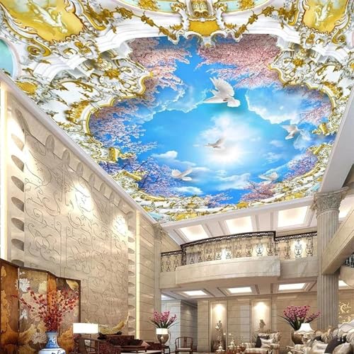 Blauer Himmel Weiße Wolken Fliegende Vögel Rosa Blumen Kunst Moderne 3D Tapete Hochwertige Strukturierte Seide Neutrale Material Ideal Für Wohnzimmer Schlafzimmer-250cm×170cm von Tzxztt