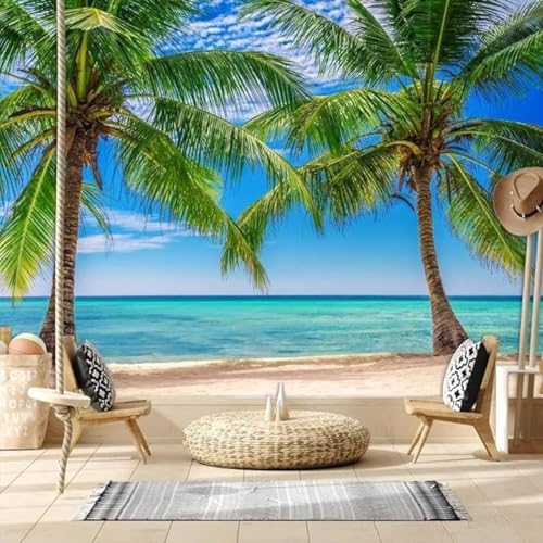 Blauer Himmel Weiße Wolken Meer Sandstrand Kokospalmen Moderne 3D Tapete Hochwertige Strukturierte Seide Neutrale Material Ideal Für Wohnzimmer Schlafzimmer-250cm×170cm von Tzxztt