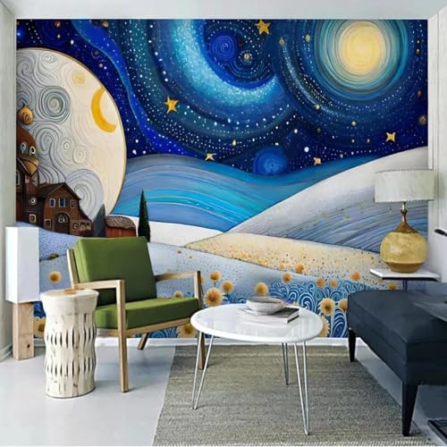 Cartoon Sternenhimmel Sterne Blumen Häuser Moderne 3D Tapete Hochwertige Strukturierte Seide Neutrale Material Ideal Für Wohnzimmer Schlafzimmer-250cm×170cm von Tzxztt
