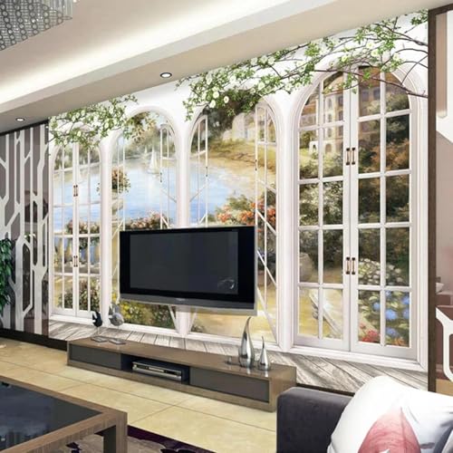 Dreidimensional Fenster Balkon See Gebäude Moderne 3D Tapete Hochwertige Strukturierte Seide Neutrale Material Ideal Für Wohnzimmer Schlafzimmer-300cm×210cm von Tzxztt