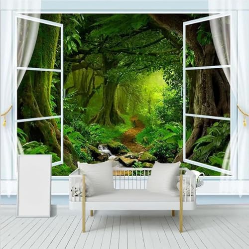 Dreidimensional Fenster Grün Dschungel Bach Moderne 3D Tapete Hochwertige Strukturierte Seide Neutrale Material Ideal Für Wohnzimmer Schlafzimmer-200cm×140cm von Tzxztt