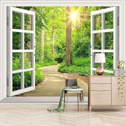 Dreidimensional Fenster Grün Wald Sonnenlicht Moderne 3D Tapete Hochwertige Strukturierte Seide Neutrale Material Ideal Für Wohnzimmer Schlafzimmer-250cm×170cm von Tzxztt