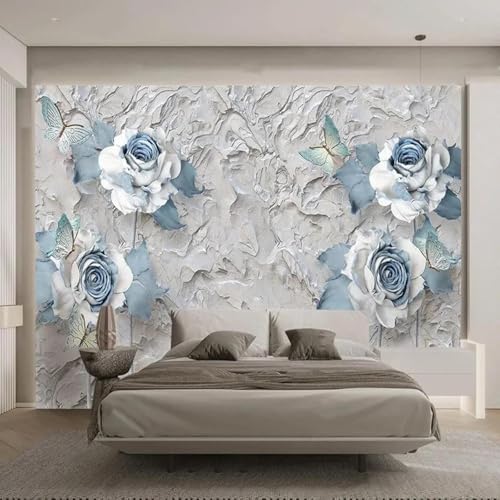 Dreidimensional Relief Blau Blumen Schmetterlinge Moderne 3D Tapete Hochwertige Strukturierte Seide Neutrale Material Ideal Für Wohnzimmer Schlafzimmer-300cm×210cm von Tzxztt
