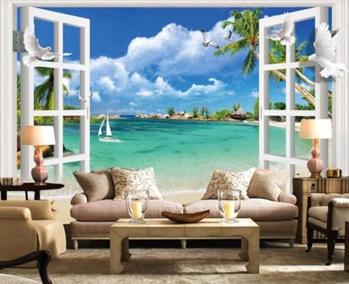 Fenster Blauer Himmel Weiße Wolken Meer Strand Vögel Moderne 3D Tapete Hochwertige Strukturierte Seide Neutrale Material Ideal Für Wohnzimmer Schlafzimmer-200cm×140cm von Tzxztt