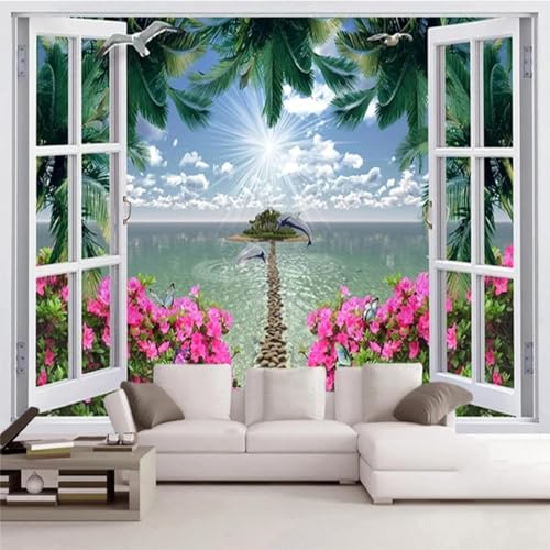Fenster Kokospalmen Meer Blumen Steinweg Moderne 3D Tapete Hochwertige Strukturierte Seide Neutrale Material Ideal Für Wohnzimmer Schlafzimmer-350cm×256cm von Tzxztt