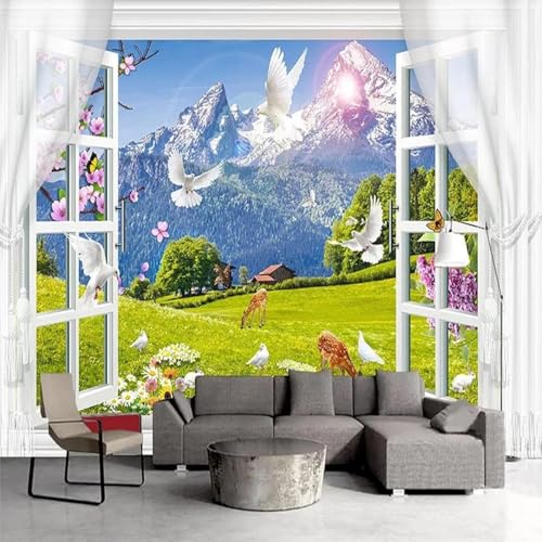 Fenster Schneebedeckte Berge Wiese Tiere Rehe Fliegende Vögel Moderne 3D Tapete Hochwertige Strukturierte Seide Neutrale Material Ideal Für Wohnzimmer Schlafzimmer-200cm×140cm von Tzxztt