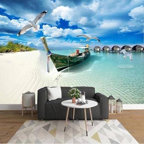 Himmel Meer Strand Kleine Boote Fliegende Vögel Moderne 3D Tapete Hochwertige Strukturierte Seide Neutrale Material Ideal Für Wohnzimmer Schlafzimmer-250cm×170cm von Tzxztt