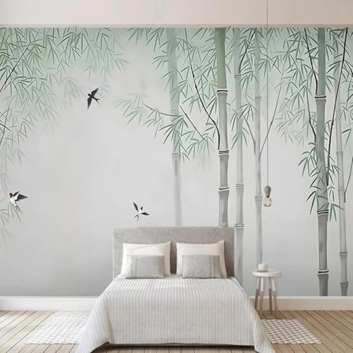 Minimalistisch Dreidimensional Handgemalt Bambuswald Fliegende Vögel Moderne 3D Tapete Hochwertige Strukturierte Seide Neutrale Material Ideal Für Wohnzimmer Schlafzimmer-400cm×280cm von Tzxztt