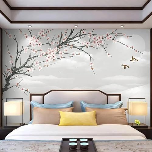Schlicht Handgemalt Äste Blumen Vögel Moderne 3D Tapete Hochwertige Strukturierte Seide Neutrale Material Ideal Für Wohnzimmer Schlafzimmer-300cm×210cm von Tzxztt