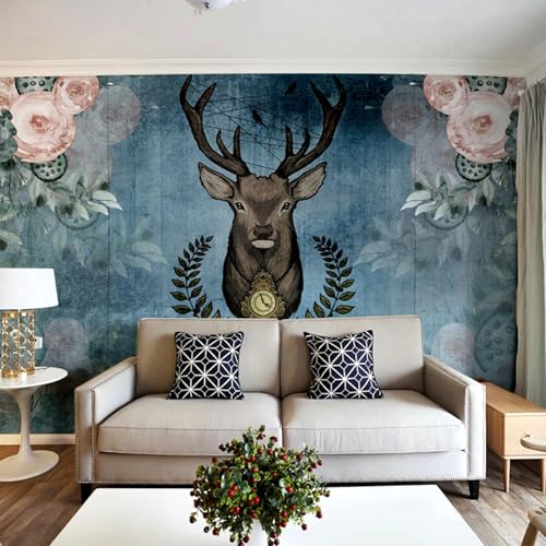 Vintage Elch Handgezeichnete Mehrfarbige Blume Moderne 3D Tapete Hochwertige Strukturierte Seide Neutrale Material Ideal Für Wohnzimmer Schlafzimmer-150cm×105cm von Tzxztt