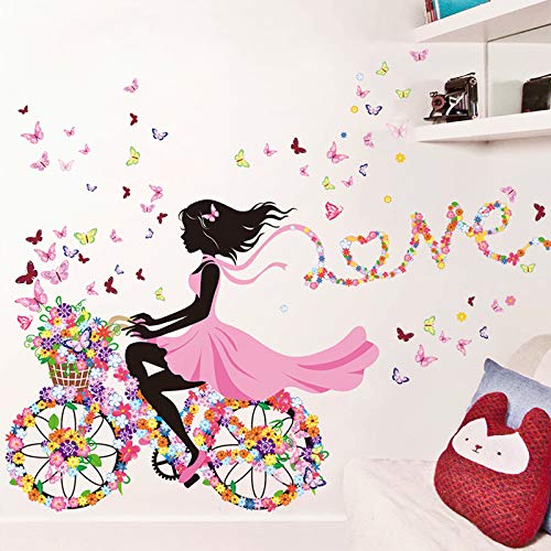 Flower Fairy Girls Ride Bikes Mit Schmetterling & Blume Wandtattoos für Mädchen Schlafzimmer, Romantisch Schöne Blumen Schmetterlinge Mädchen Tapete, DIY Wandkunst Aufkleber Home Dekorationen (A) von KAZITOO